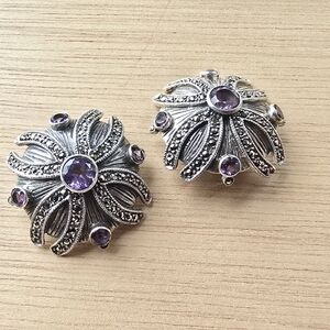 Vintage Amethyst & Marcasite Domed Sterling Silver Clip-On Earrings 925